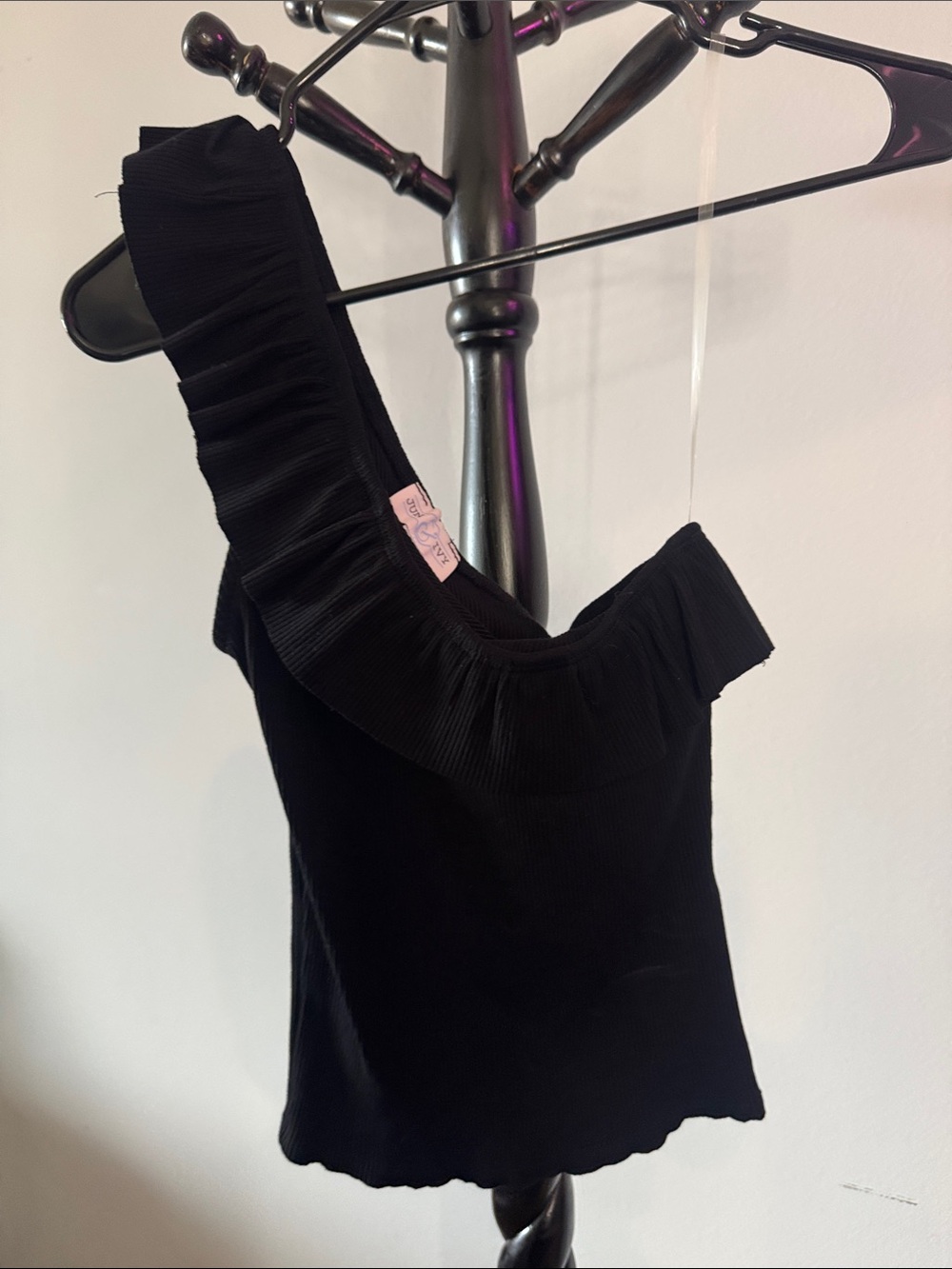 One-Shoulder Ruffle Knit Top - Black